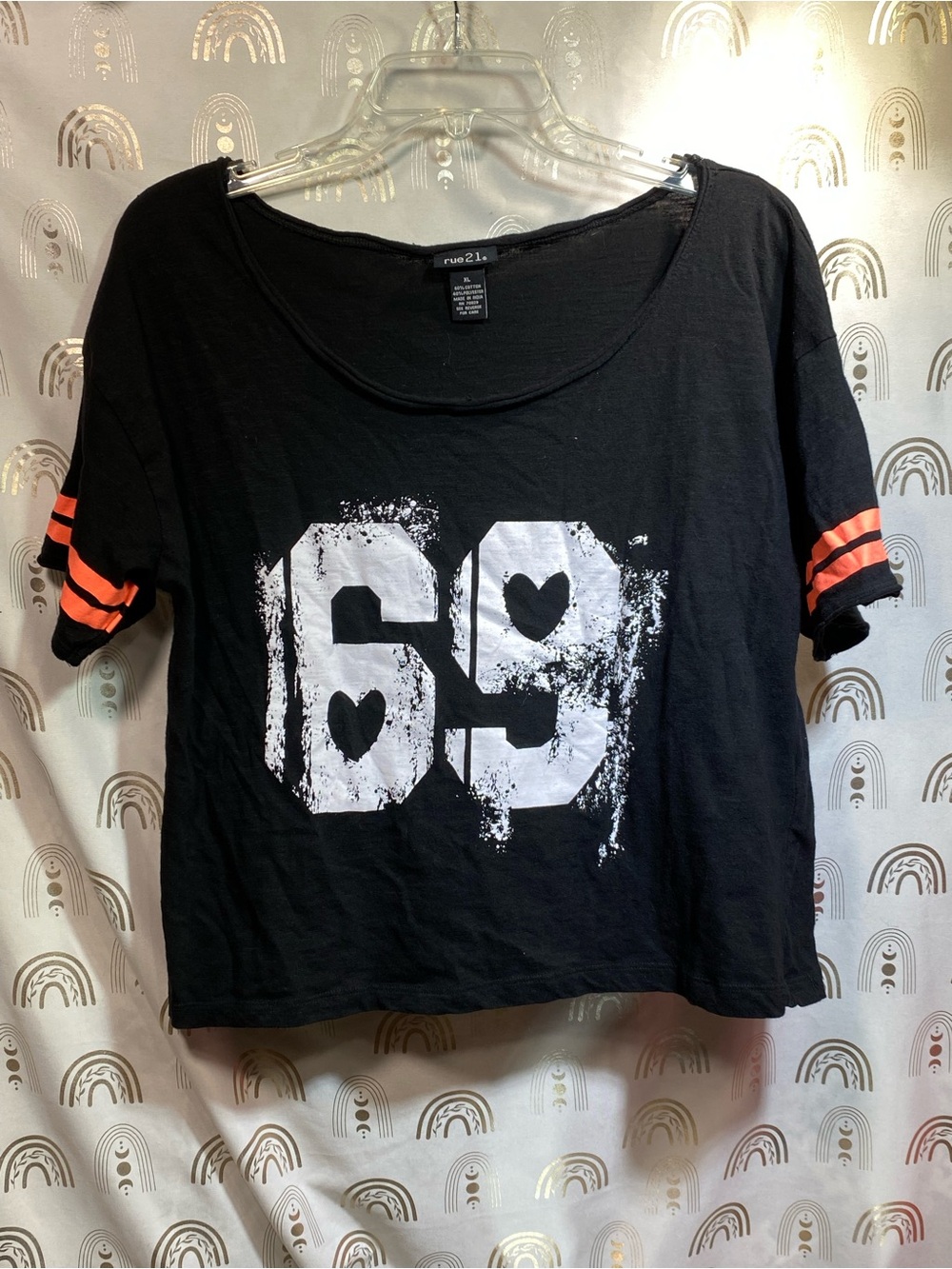 Rue21 Black Cropped Tee with White '69' Graphic and Orange Sleeve Stripes